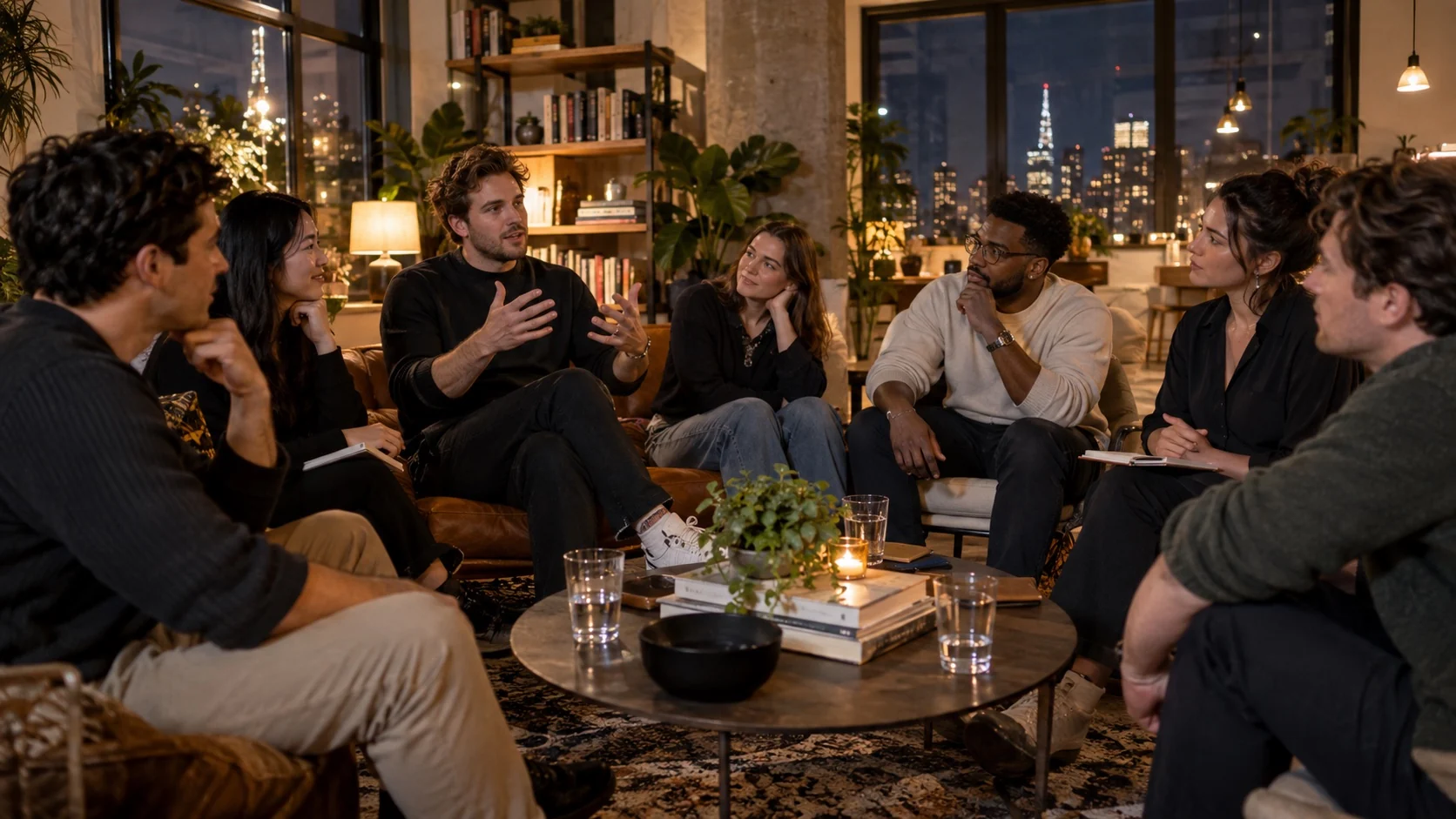 Photorealistic editorial scene of seven people in a candid evening salon conversation