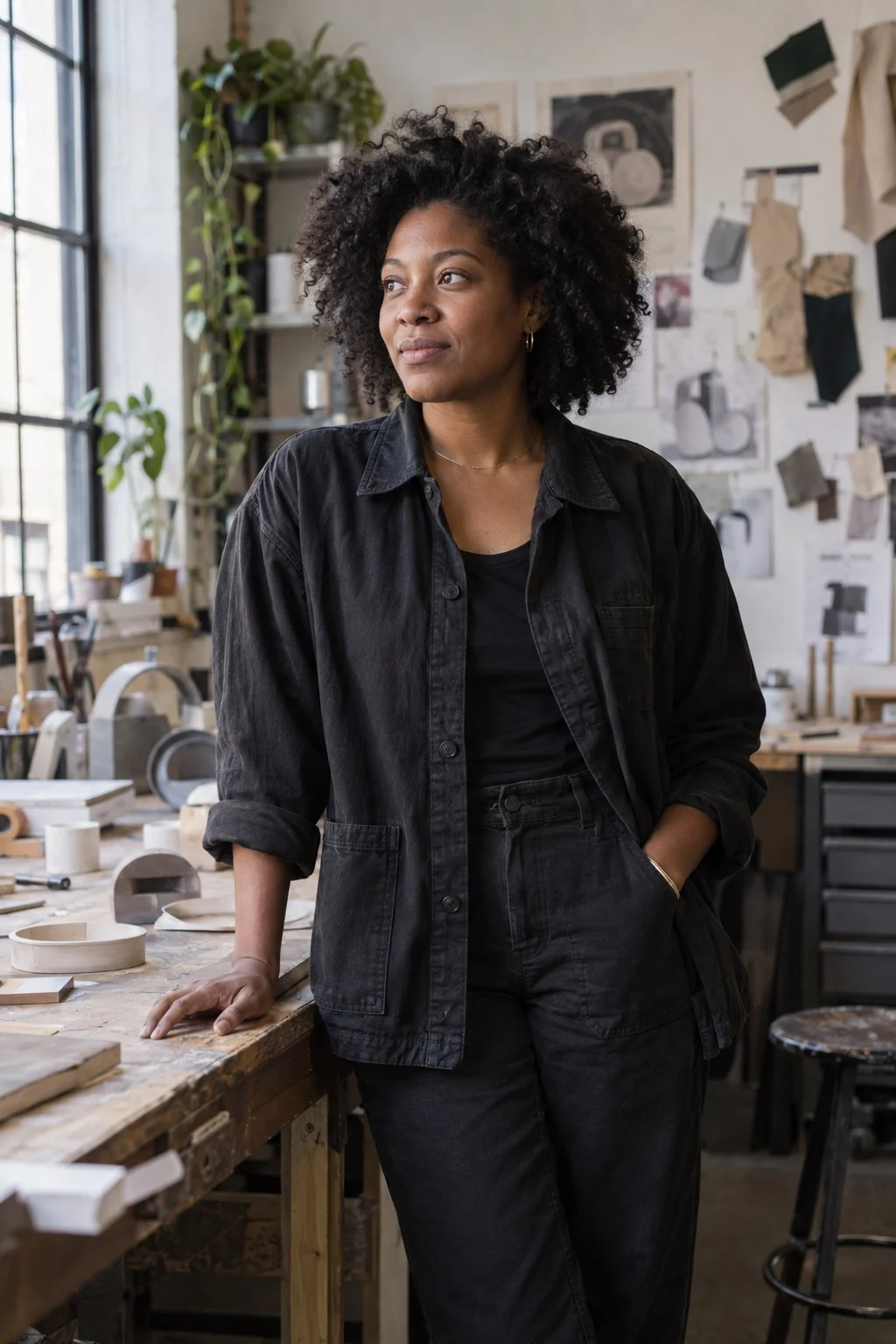Photorealistic editorial portrait of a woman in her product studio