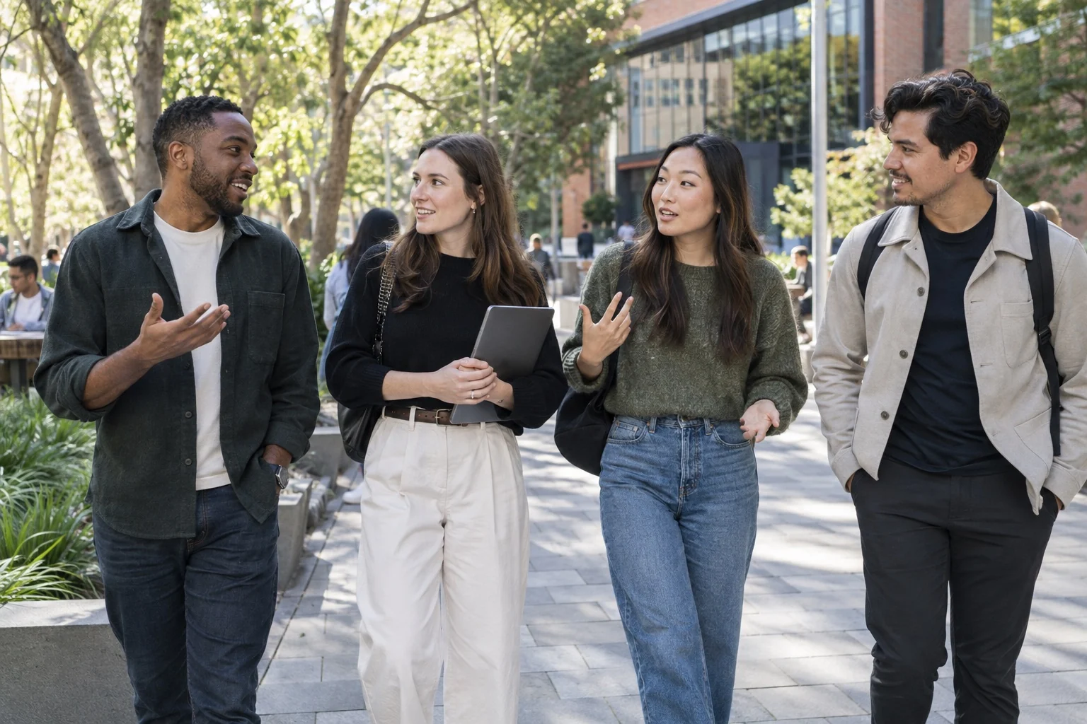 Photorealistic editorial scene of four people in conversation while crossing a campus courtyard
