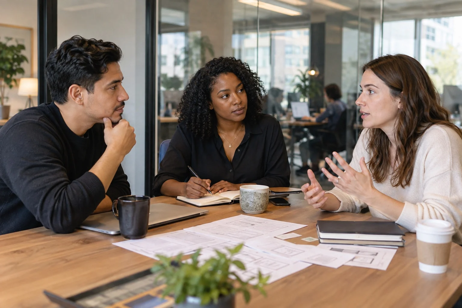 Photorealistic editorial scene of three people in a focused research conversation