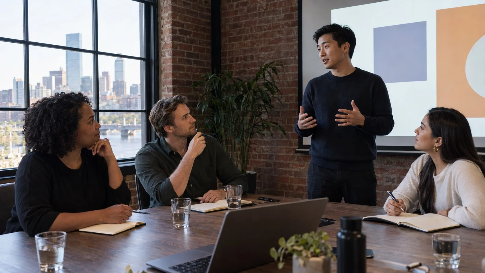 Photorealistic editorial scene of a presenter discussing a company concept with three people