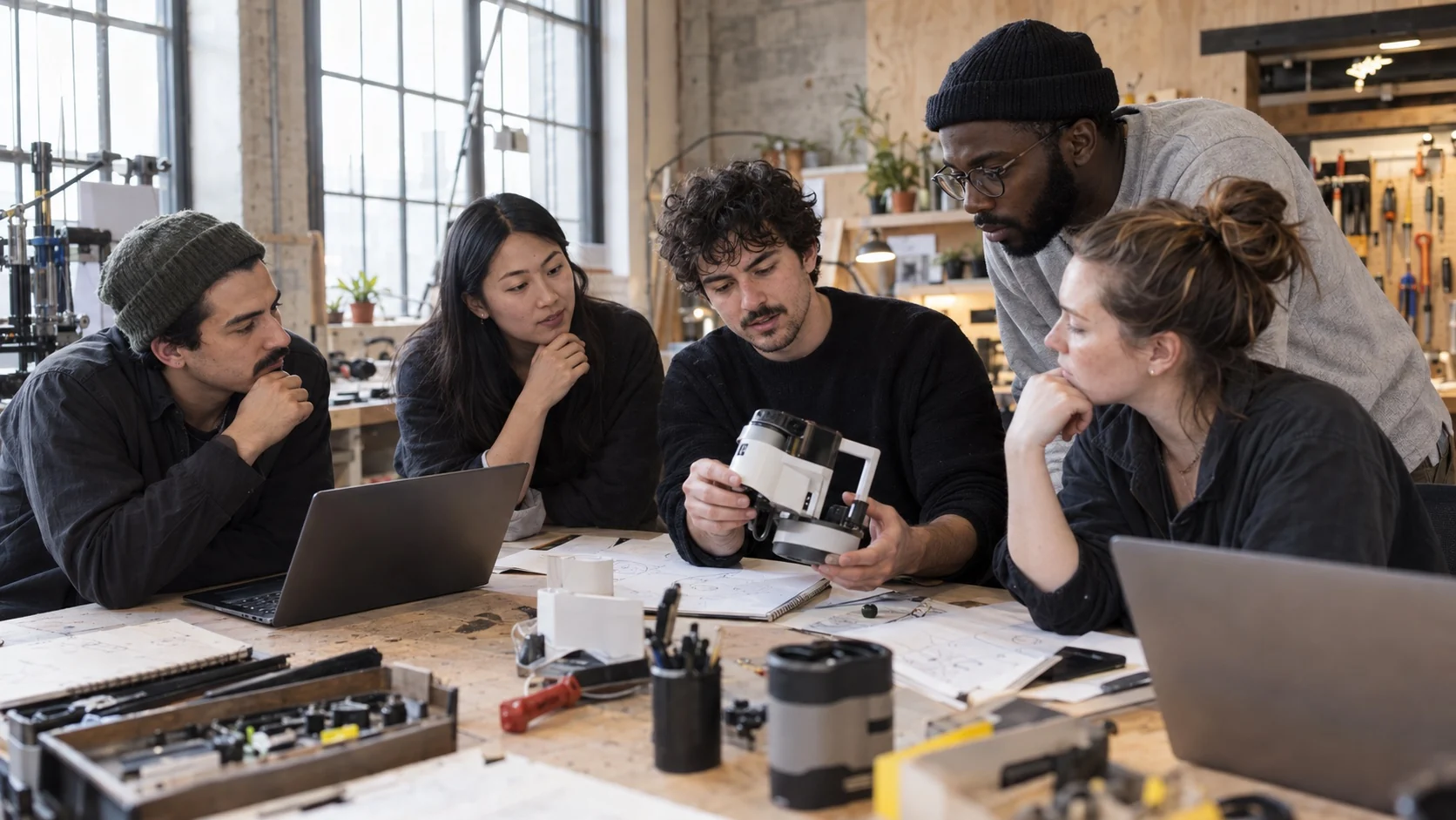 Photorealistic editorial scene of five people reviewing a physical product prototype in a design studio