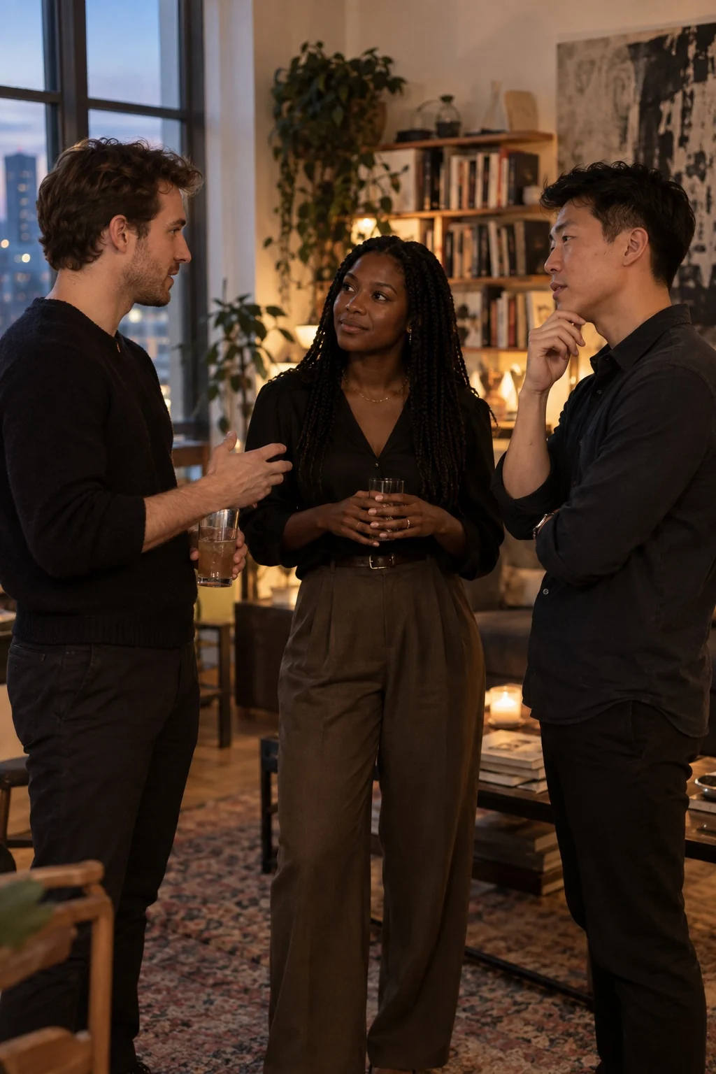 Photorealistic editorial scene of three people in a private studio gathering