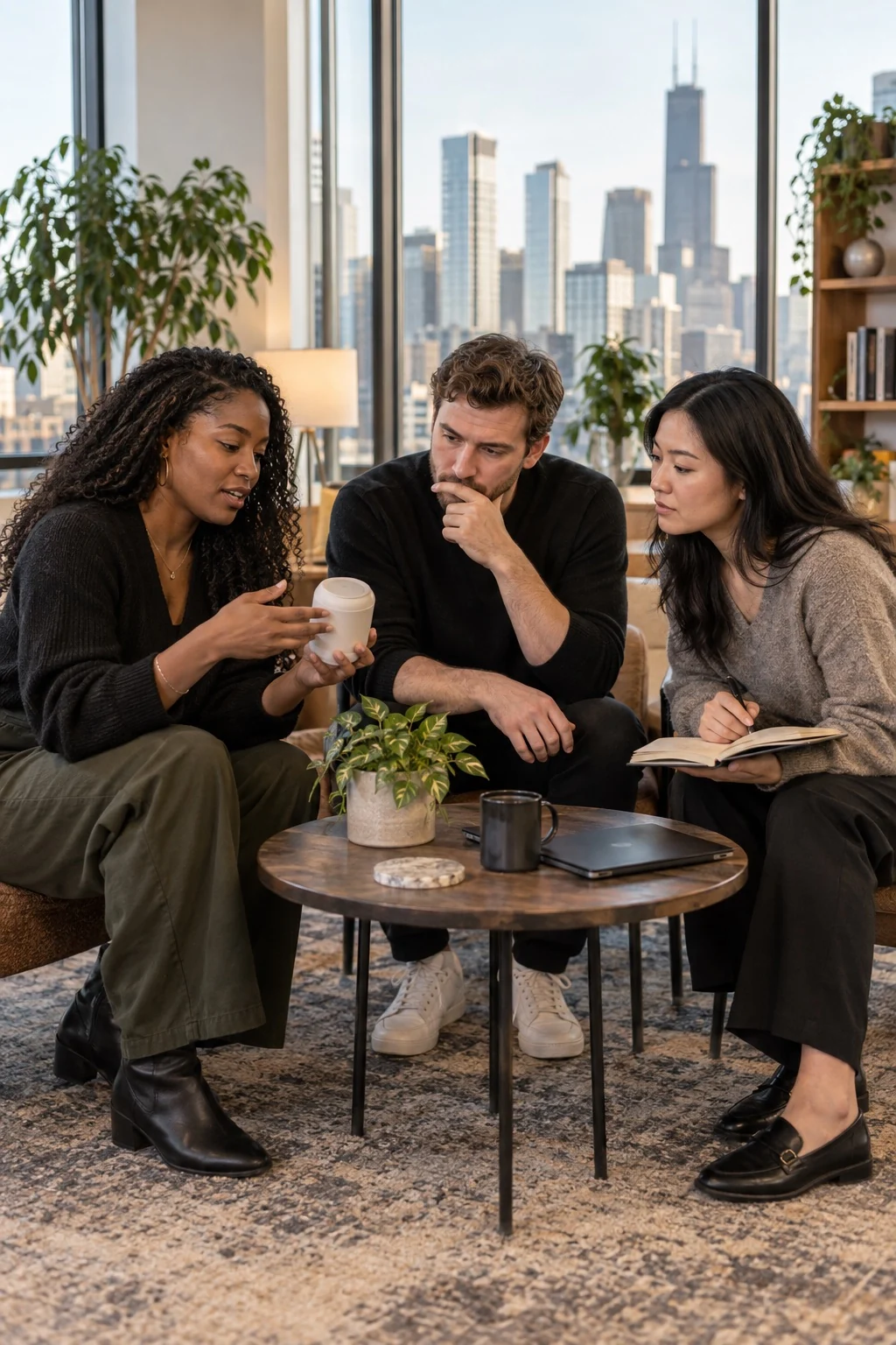 Photorealistic editorial scene of three people in a focused product conversation