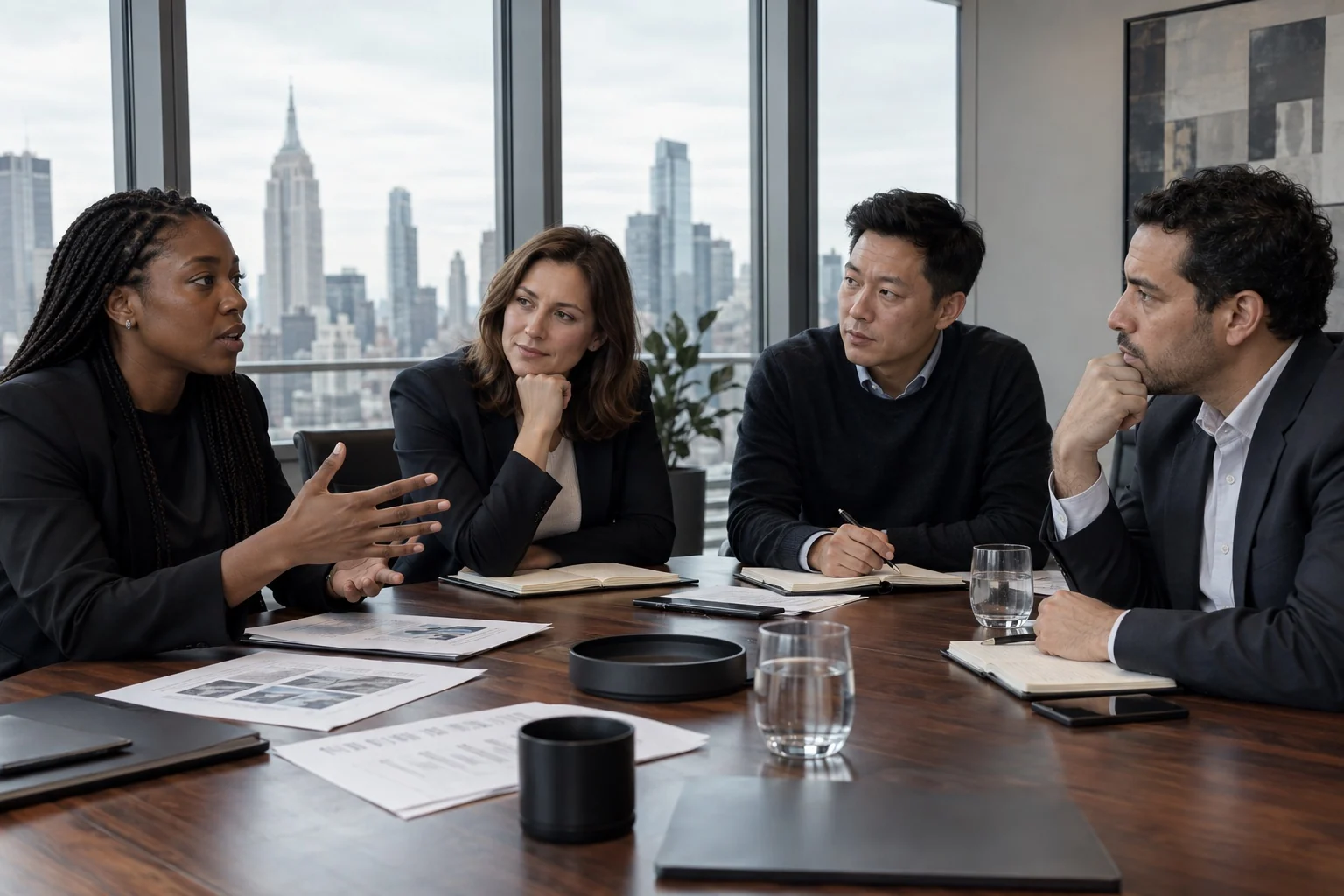 Illustrative editorial scene of three people in a focused conversation in a modern boardroom