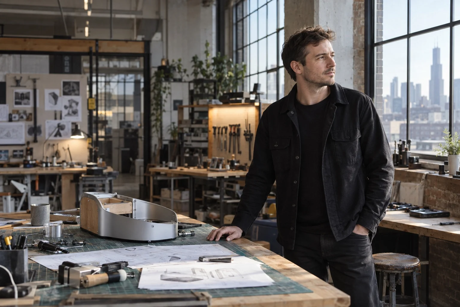 Photorealistic editorial portrait of a man beside a prototype in a Chicago design studio