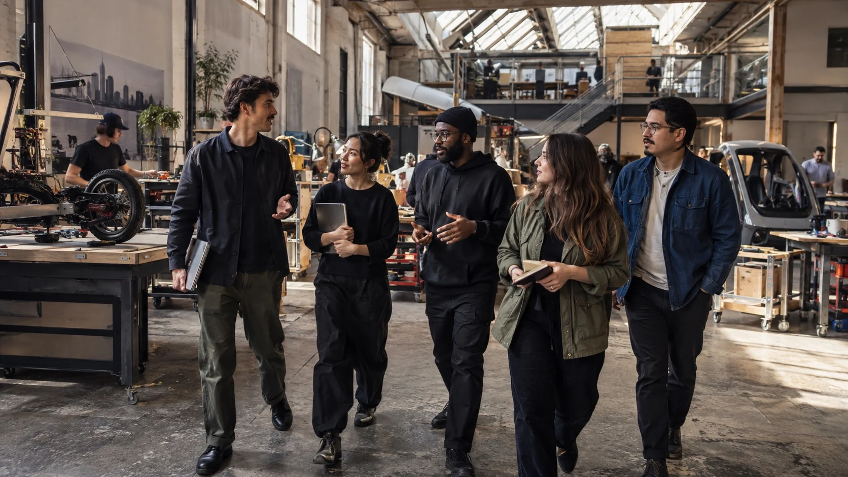 Photorealistic editorial scene of five people walking through a creative prototyping space