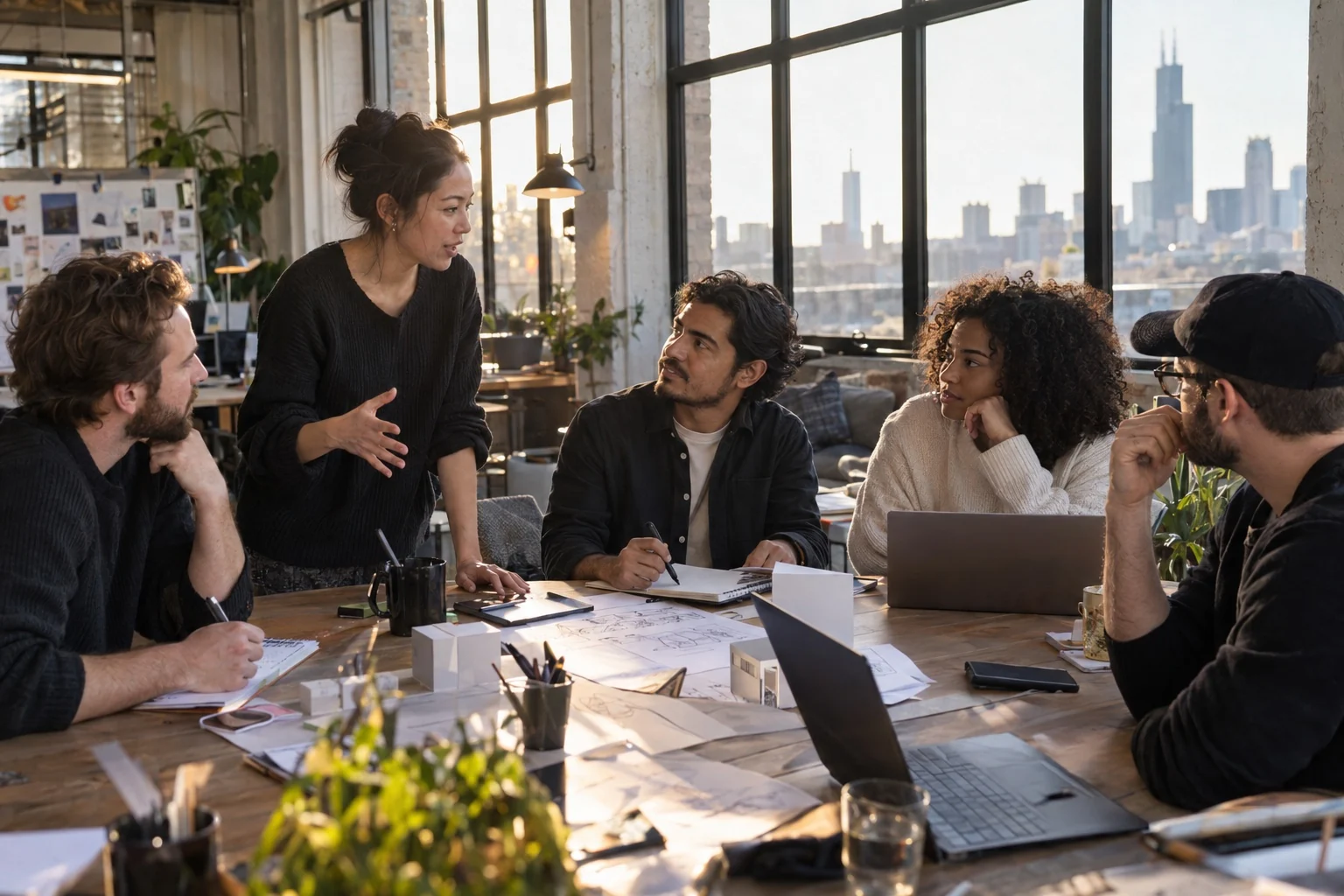 Photorealistic editorial scene of five people collaborating around prototypes in a sunlit Chicago design studio
