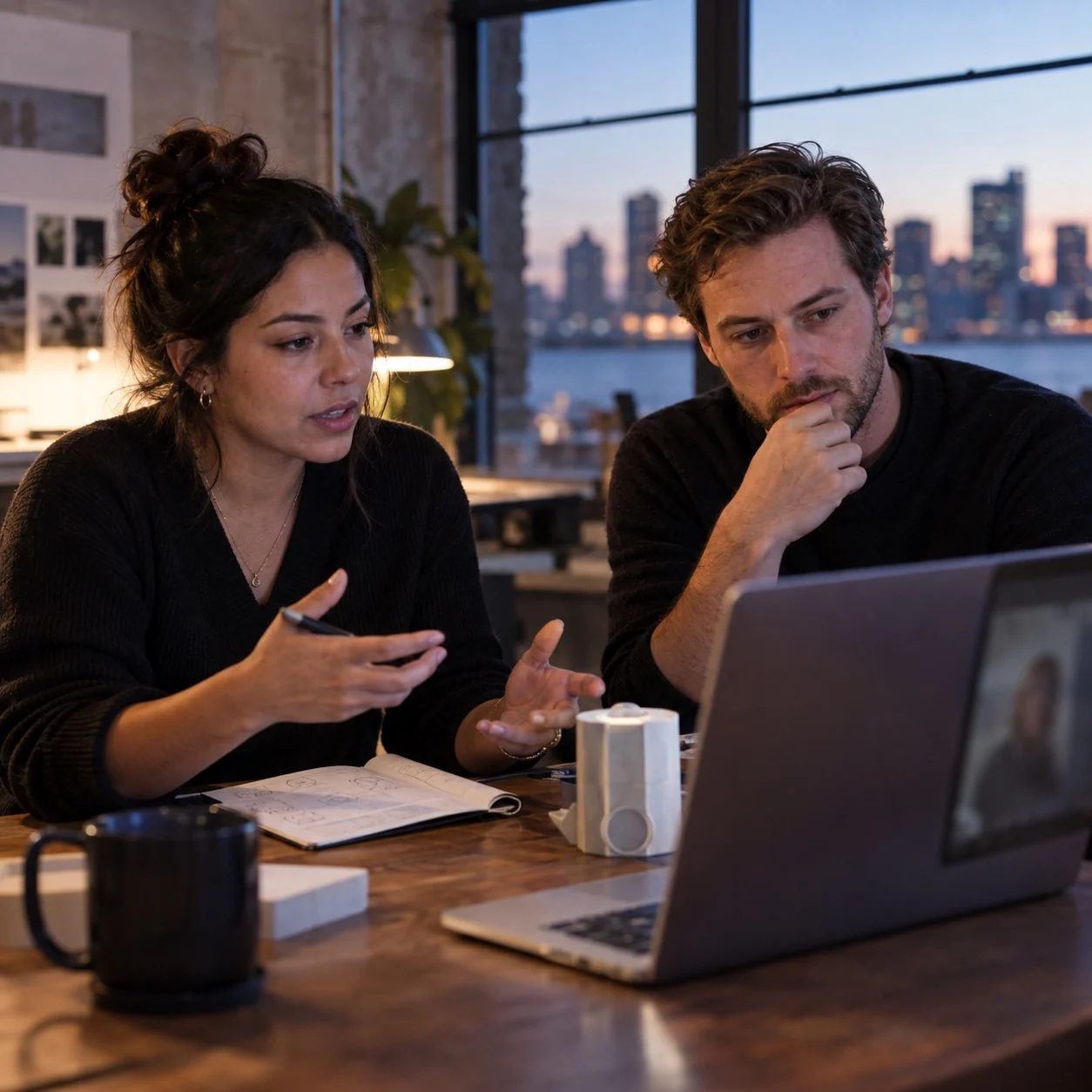 Photorealistic editorial scene of two people working through a remote company-building session