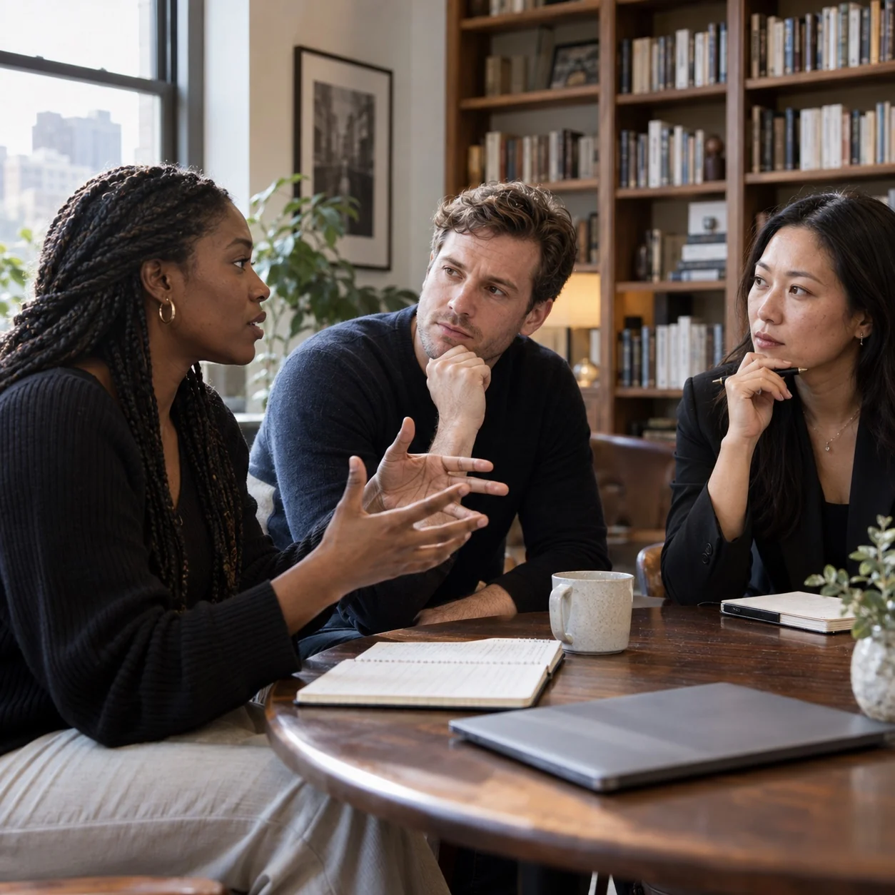 Photorealistic editorial scene of three people in a focused investment conversation