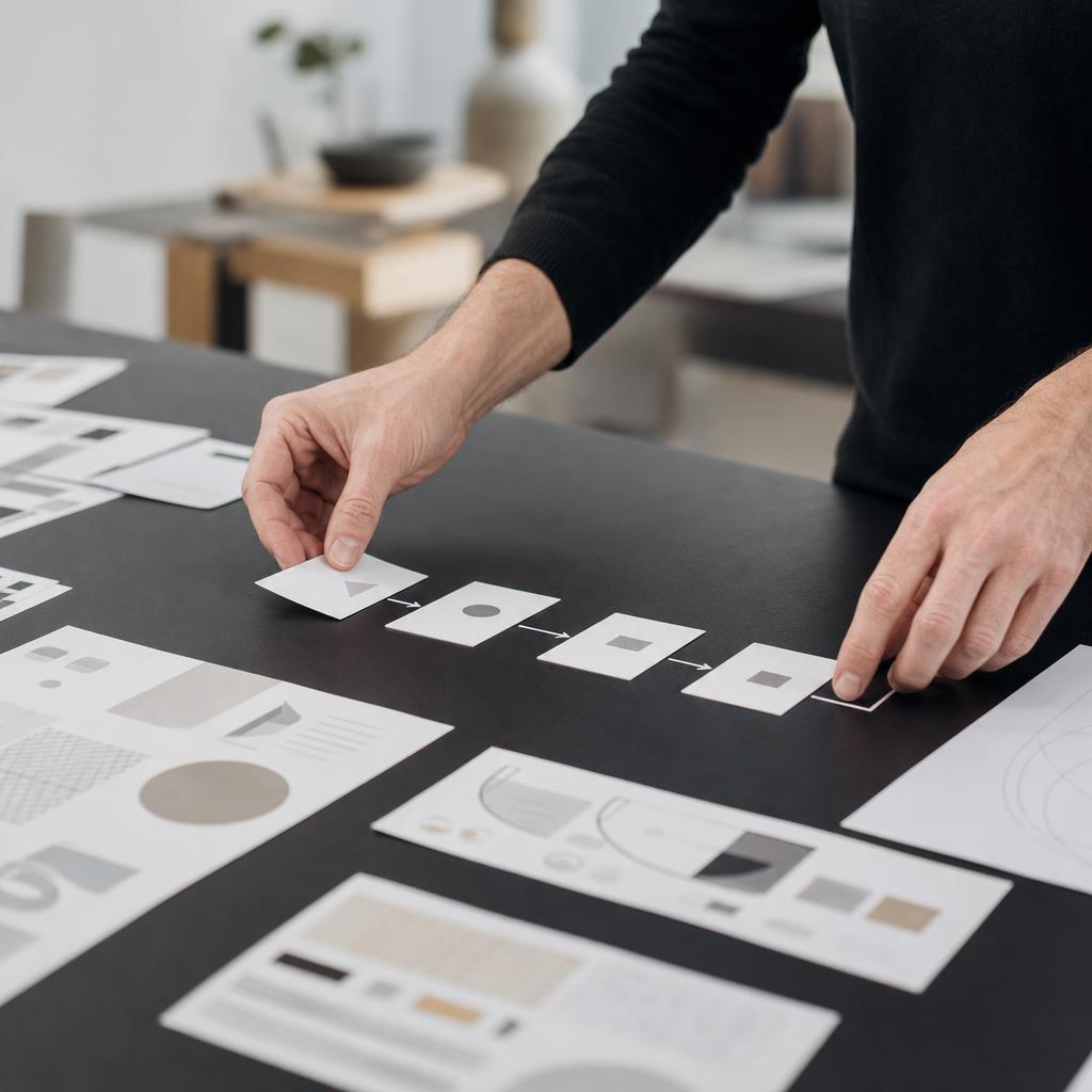 Hands arranging simple product and workflow cards into a clear sequence