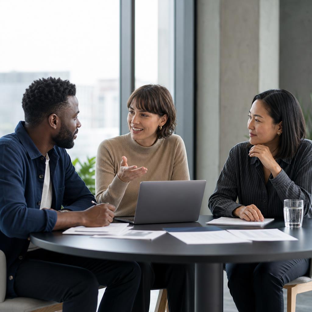 Three colleagues sharing ideas around a round table