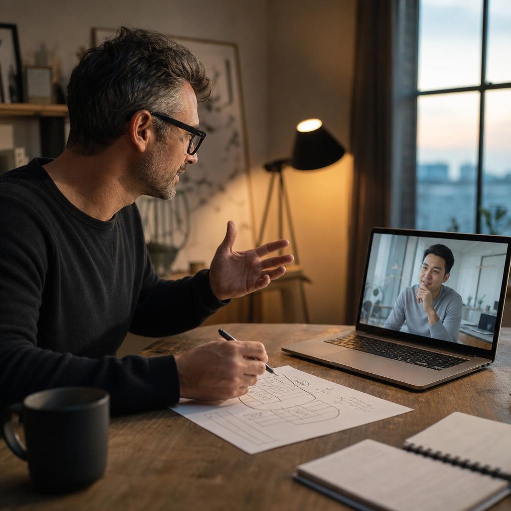 A strategist in conversation with a remote collaborator while mapping a shared idea