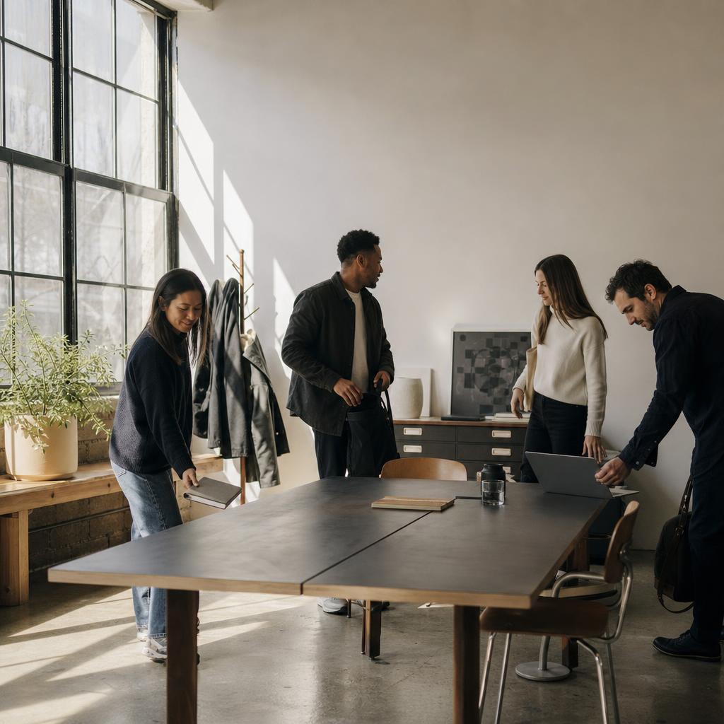 A team arriving for a focused working session around a studio table